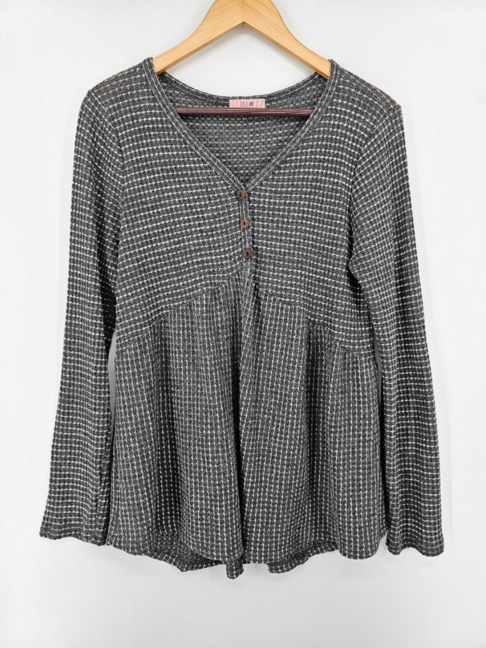 Gray Waffle Knit Babydoll Henley Long Sleeve Top Women's